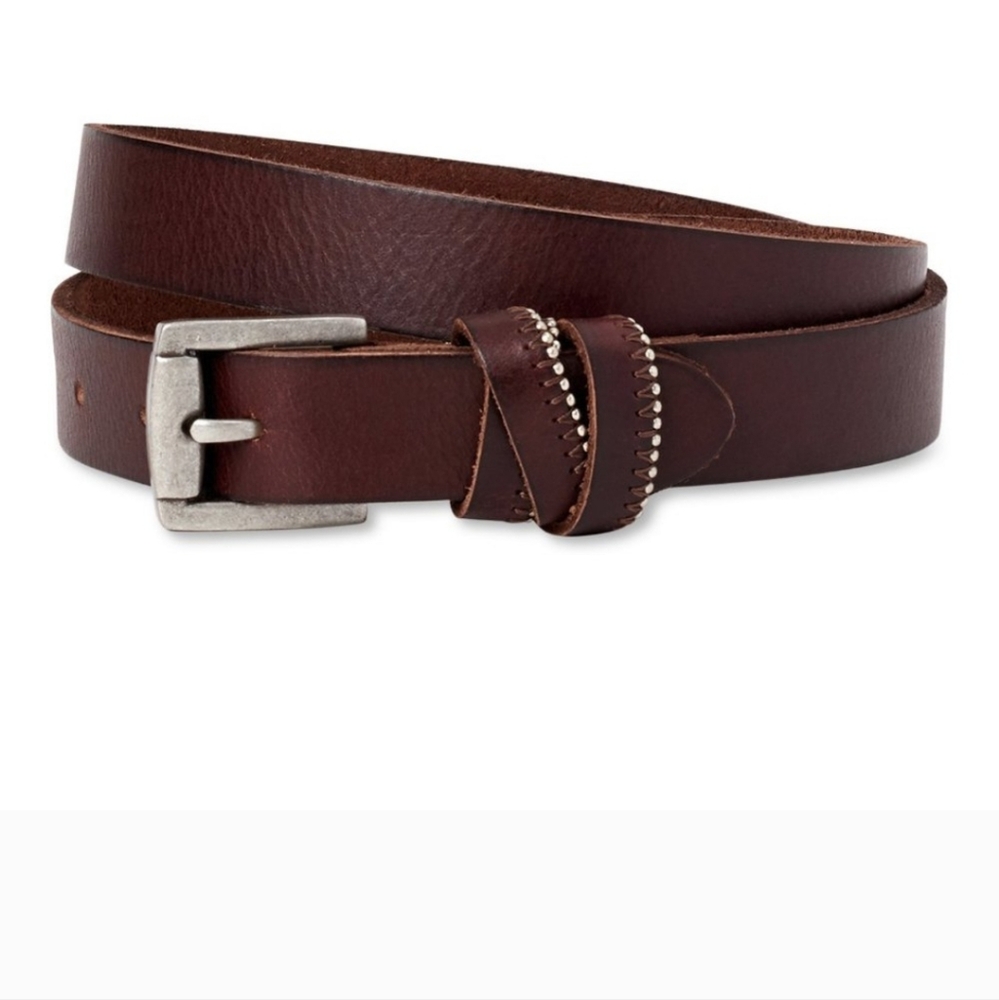 Time and Tru dark brown leather belt with silver detailing.